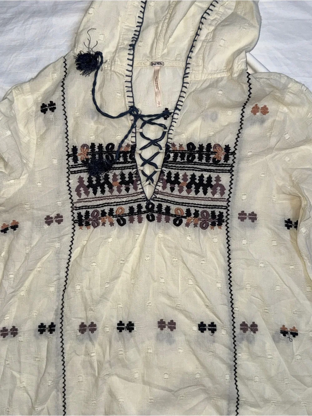 Free People Cream Hooded Embroidered Peasant Tunic with Black Trim